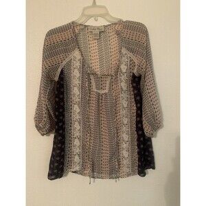 Cream Embroidered Peasant Top Small Cedar Rose Semi Sheer 3/4 Sleeve